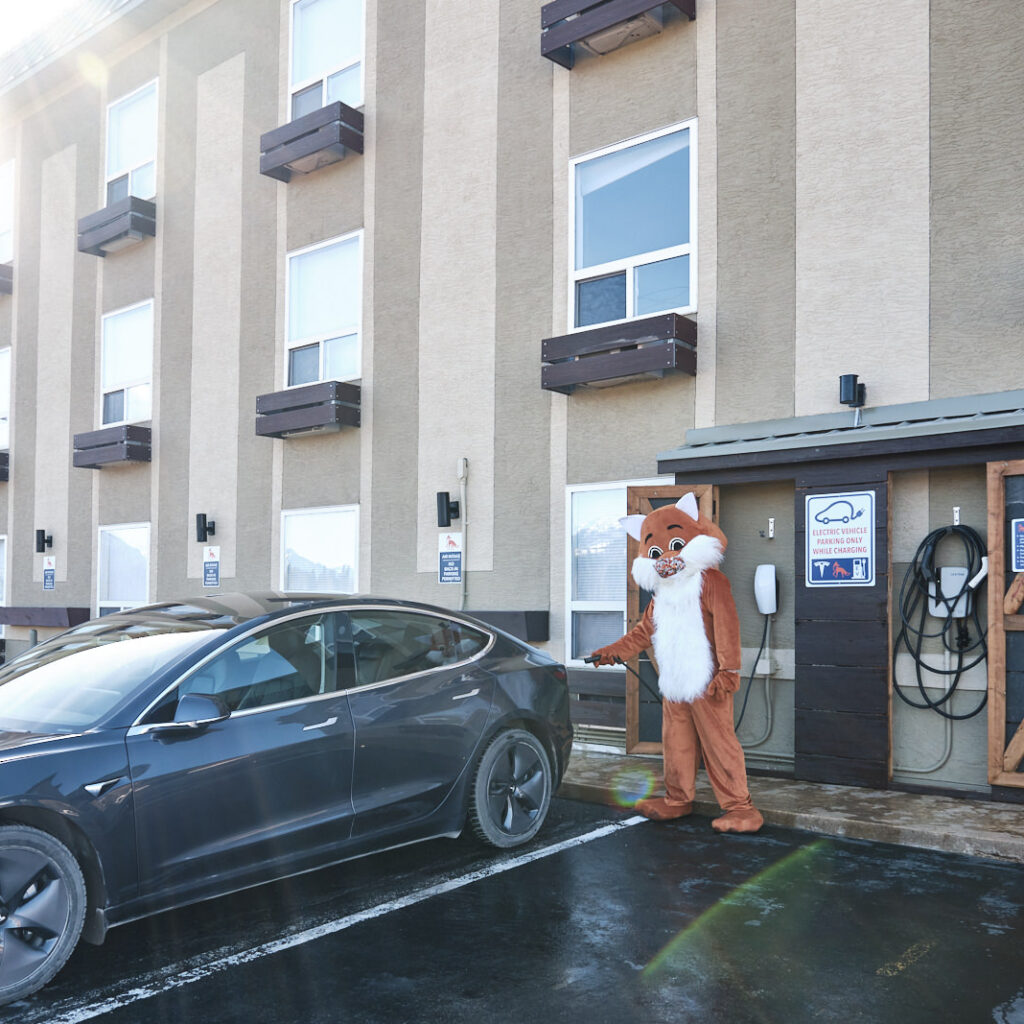 Fernie Fox Mascot plugin in an EV car at the hotel charging station.